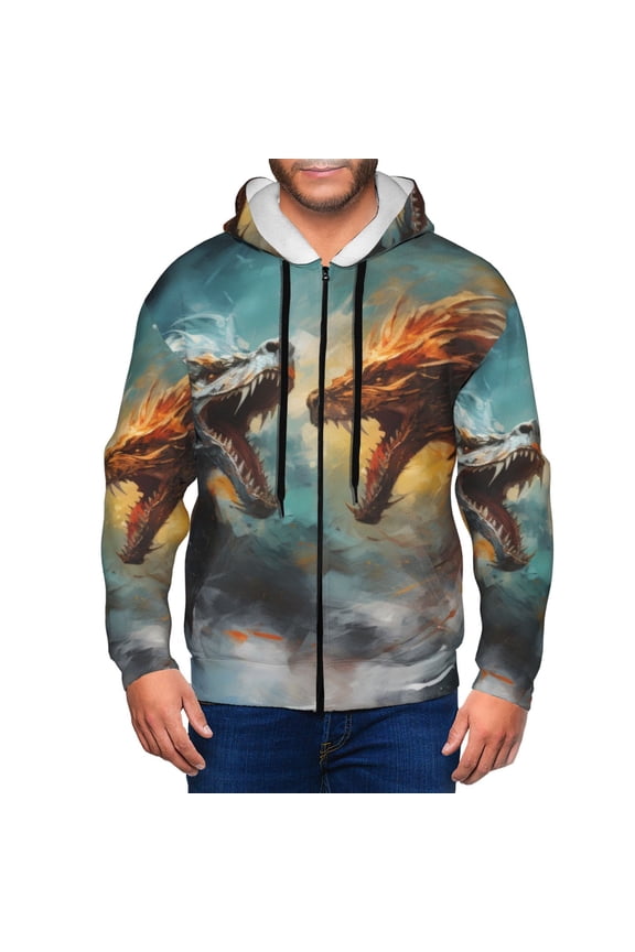 White And Red Sketch Dragon Print Men Hoodies Casual Hoodies for Men with Zip Pockets Full Zip Long Sleeve Sweatshirt Sports Hooded Jacket-X-Large