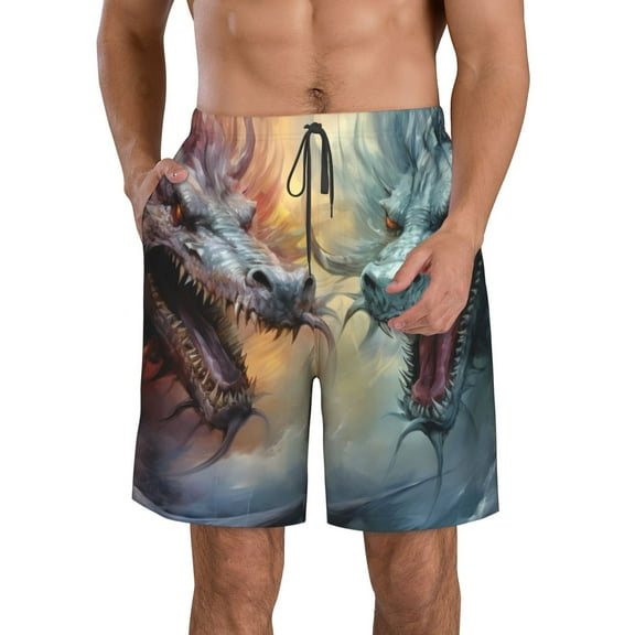 Kdxio White And Red Storm Dragon Pattern Mens Casual Shorts - Drawstring Summer Beach Sports Shorts for Men