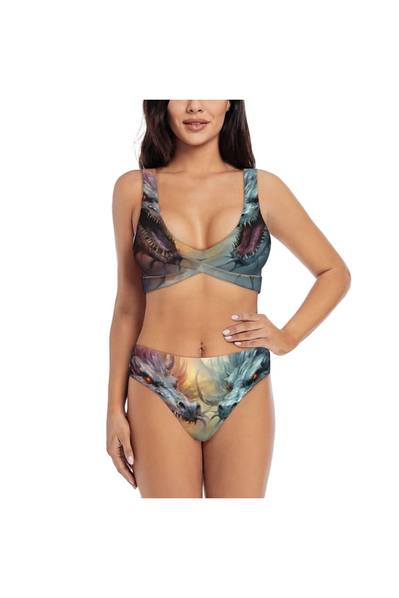 White And Red Storm Dragon Print Women's 2 Piece High Waisted Wrap Spaghetti Strap Summer Swimsuit Bikini Set-Medium
