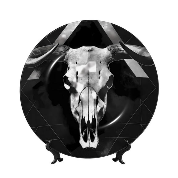 Kdxio White Black Sheep skull Bone China Decorative Plate Ceramic Decorative Plate for Home Office Wall Stand Decorative Plates for Home Bedroom-7in