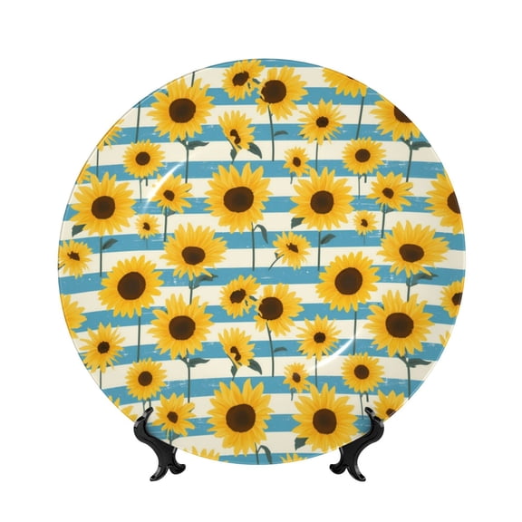 Kdxio White Blue Striped Sunflower Bone China Decorative Plate Ceramic Decorative Plate for Home Office Wall Stand Decorative Plates for Home Bedroom-7in
