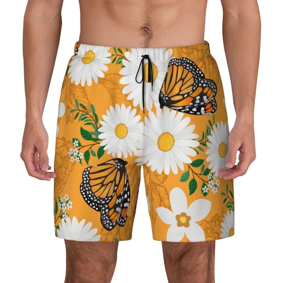 Kdxio White Floral And Butterflies Print Men'S Swim Trunks With Compression Liner 7 Inch Inseam Quick Dry Swim Shorts
