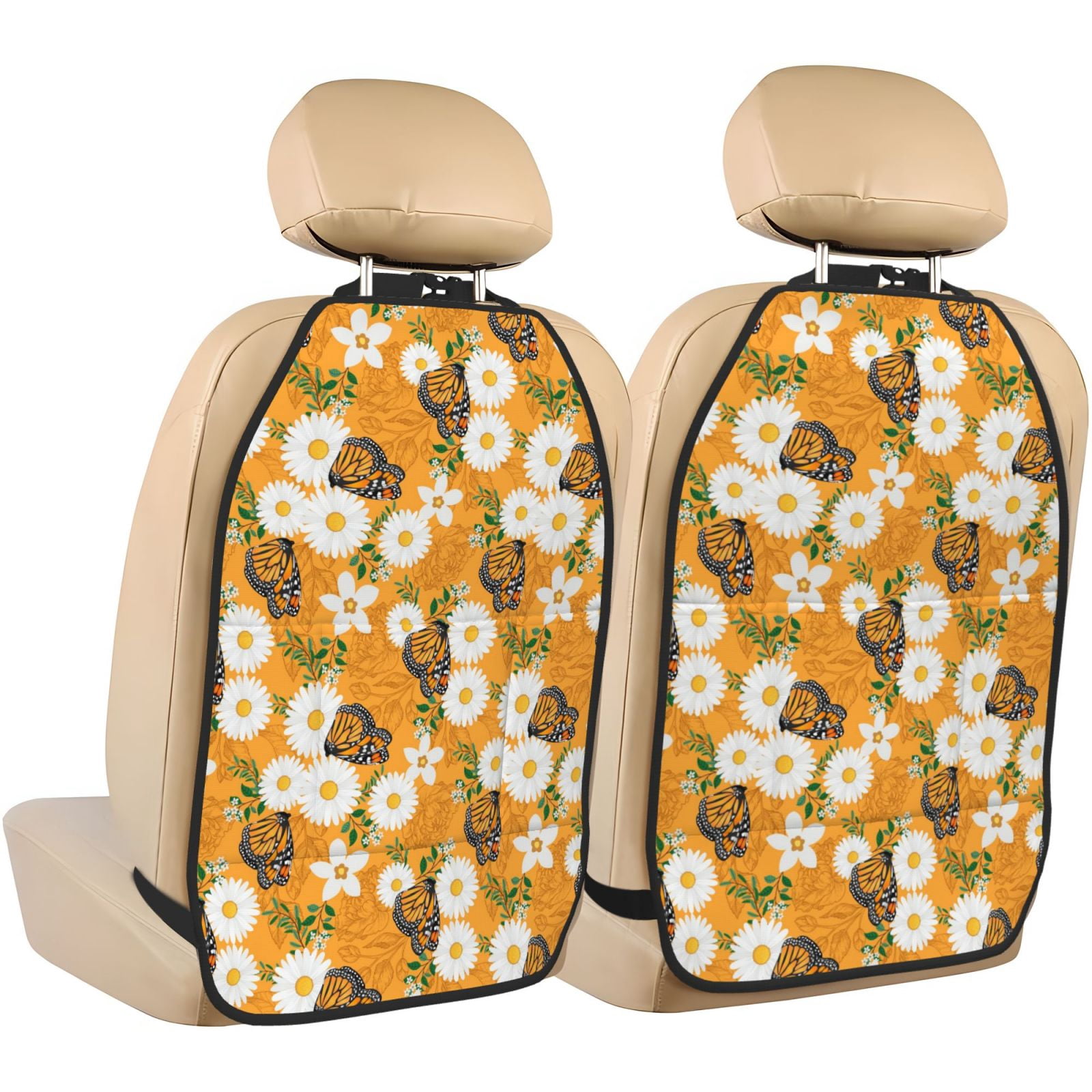 Kdxio White Floral and Butterflies Print 2 Pack Car Kick Mat Seat Cover Back Protector Mat with Pockets for Organizer Backseat Protector and Storage Anti Kick Pad for Vehicles