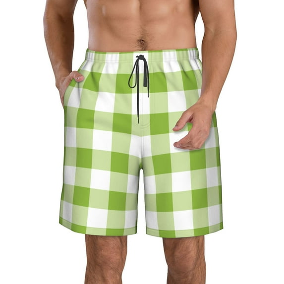 Kdxio White Green Plaid Pattern Mens Casual Shorts - Drawstring Summer Beach Sports Shorts for Men