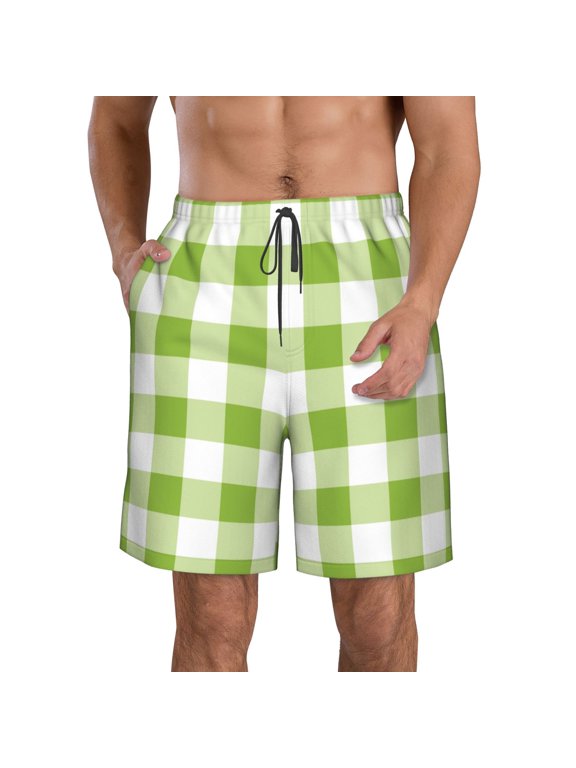 White Green Plaid Pattern Mens Casual Shorts - Drawstring Summer Beach Sports Shorts for Men