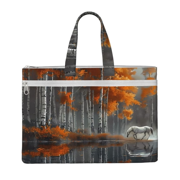 Kdxio White Horse Autumn Birch File Tote Document Bag Business Briefcase Bag Document Organizer Tote Briefcase for Letter A4 Files Business Teacher Office Bag
