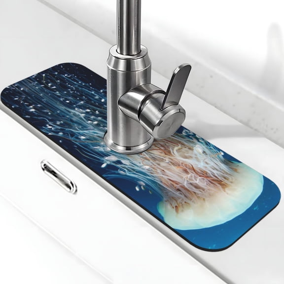 Kdxio White Jellyfish Dansing in the Ocean Pattern Non-Slip Diatom Mud Faucet Drain Pad,Self Absorbent Mat for Kitchen Sink for Variety Kitchen & Bathroom Countertops
