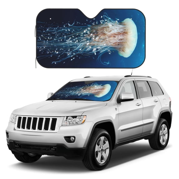 Kdxio White Jellyfish Dansing in the Ocean Print Windshield Sun Shade, Foldable Sun Blocker for Car,Truck,SUV Automotive Interior Sun Protection,Reflective Shade for Front Windshield(Medium)