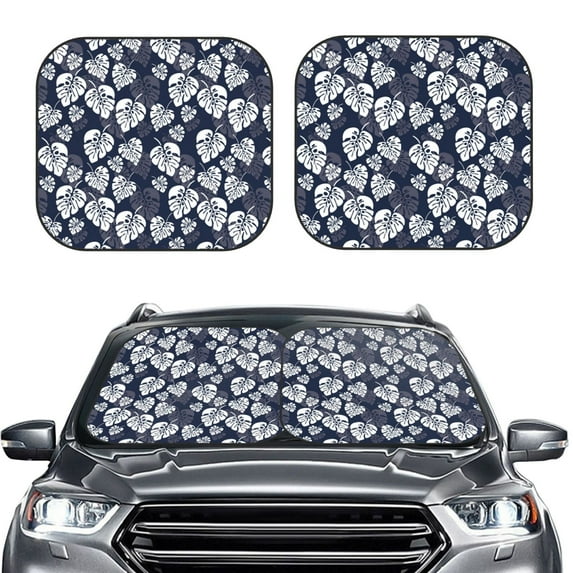 Kdxio White Leaves Print 2-Piece Sun Shade Front Windshield - Foldable Car Front Window Sunshades for Most Sedans SUV Truck