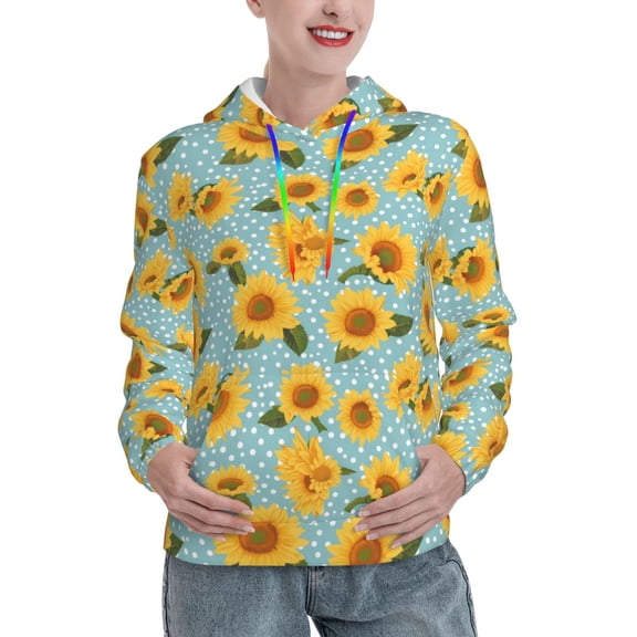 Kdxio White Polka Dot Sunflower Print Womens Oversized Hoodies Sweatshirts Hooded Pullover Tops Sweaters Casual-X-Large