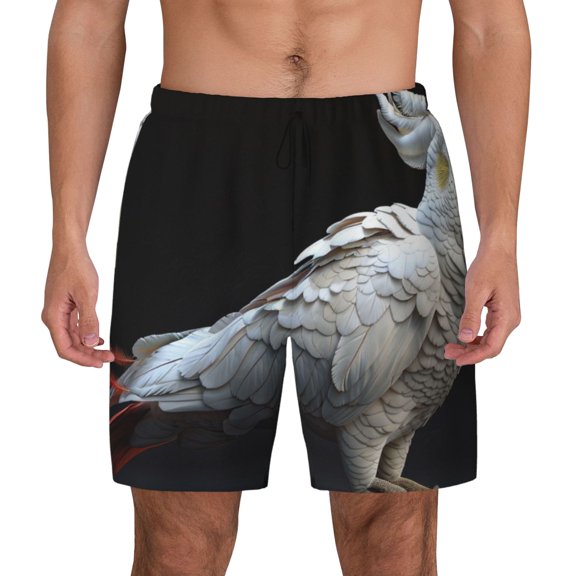 Kdxio White Red Cockatoo Print Men's Swim Trunks with Compression Liner 7 Inch Inseam Quick Dry Swim Shorts