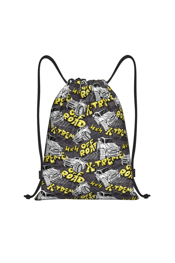 White Retro Off-Road Vehicle Print Drawstring Backpack Bag,Waterproof Draw String Back Sack, Gym Drawstring Bags Swim Bag For Unisex
