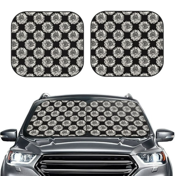 Kdxio White Sunflowers Print 2-Piece Sun Shade Front Windshield - Foldable Car Front Window Sunshades for Most Sedans SUV Truck