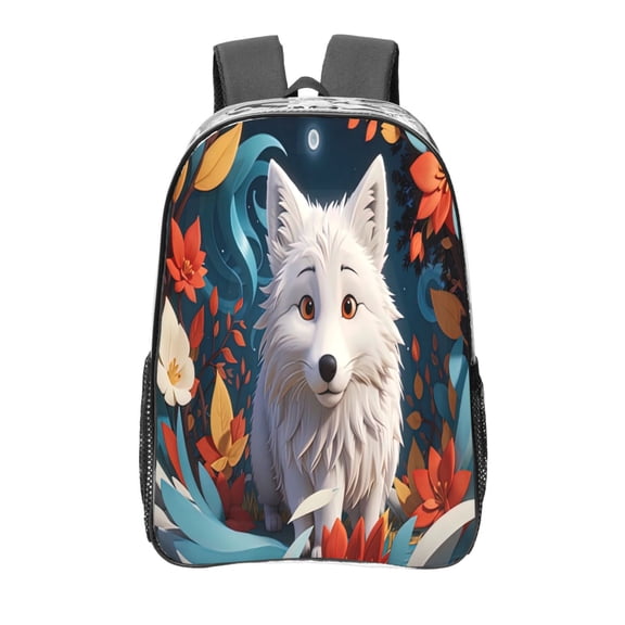Kdxio White Wolf With Flowers Clear Backpack, Transparent Bookbag for School for Women Men, Capacity Clear Bag for College, Travel