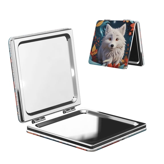 Kdxio White Wolf With Flowers Pocket Mirror, 1X/2X Travel Makeup Mirror 2-Sided Folding Small Mirror Portable Double-Sided Magnifying Cosmetic Mirror for Gift-Square