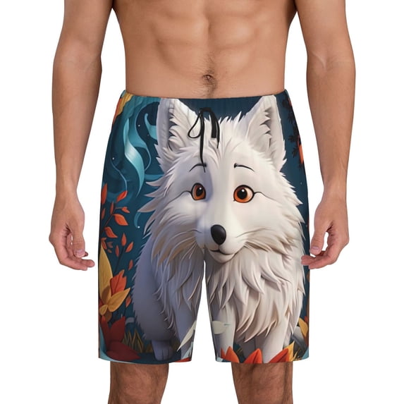 Kdxio White Wolf With Flowers Print Mens Sleep Shorts Bottoms Soft Comfy Pajama Wear Pants with Drawstring Pockets