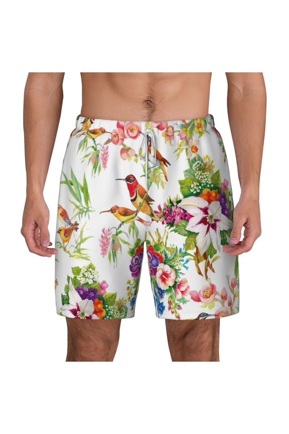 Wild Exotic Birds And Flowers Print Men'S Swim Trunks With Compression Liner 7 Inch Inseam Quick Dry Swim Shorts