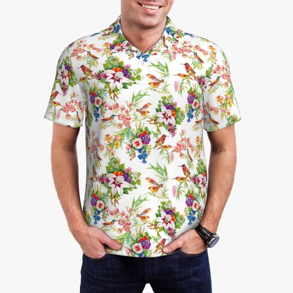 Kdxio Wild Exotic Birds And Flowers Print Men's Short Sleeve Polo Shirt,Midweight Men's Shirt