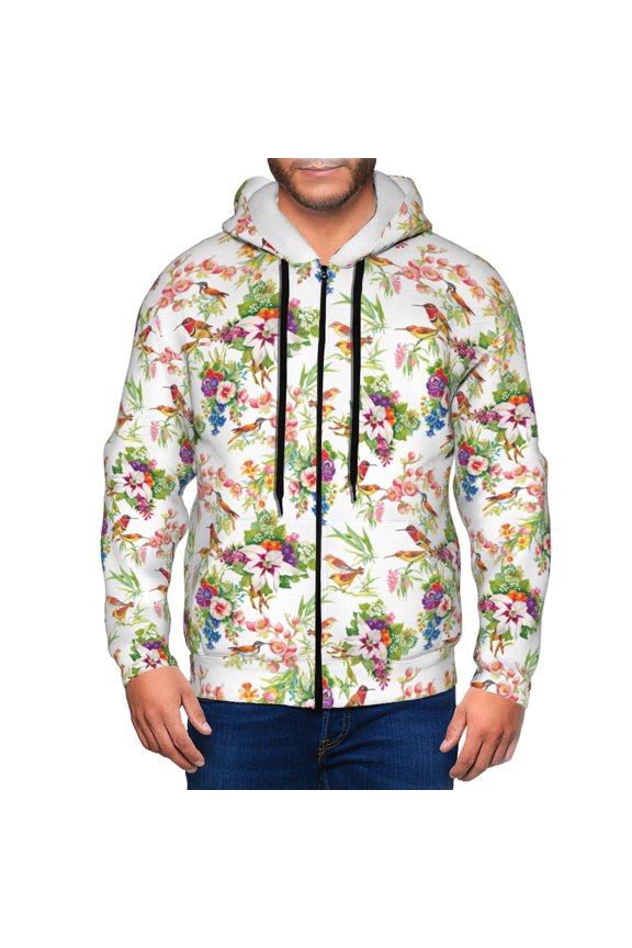 Wild Exotic Birds And Flowers Print Men Hoodies Casual Hoodies for Men with Zip Pockets Full Zip Long Sleeve Sweatshirt Sports Hooded Jacket-Small