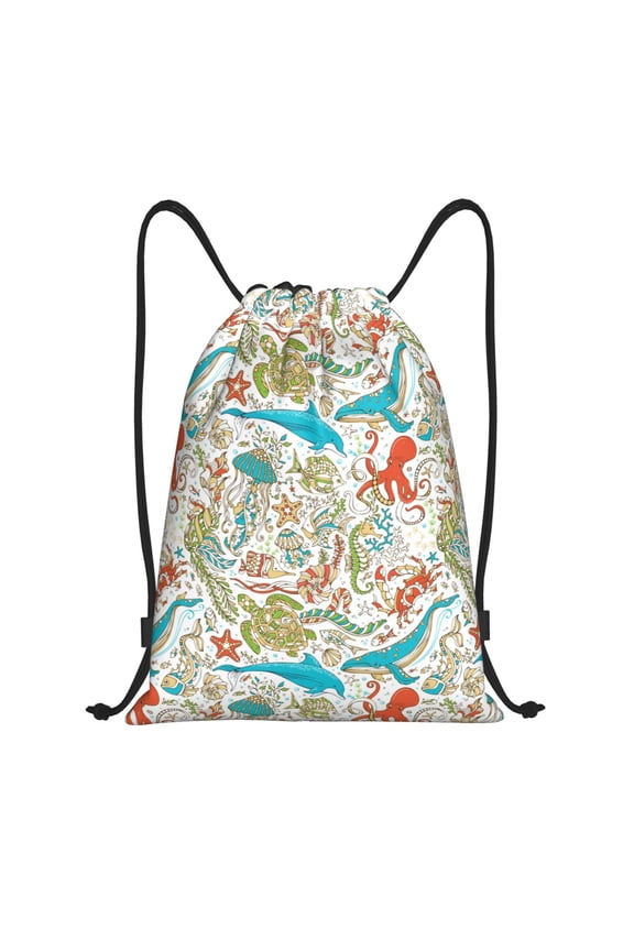 Wild Sea Life Print Drawstring Backpack Bag,Waterproof Draw String Back Sack, Gym Drawstring Bags Swim Bag For Unisex