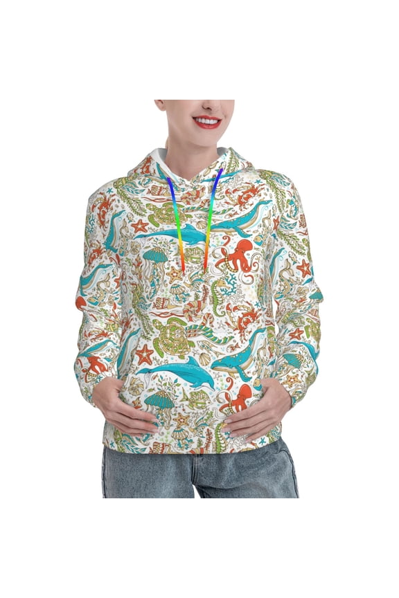 Wild Sea Life Print Womens Oversized Hoodies Sweatshirts Hooded Pullover Tops Sweaters Casual-XX-Large