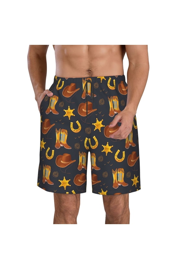 Wild West Golden Horseshoe Pattern Mens Casual Shorts - Drawstring Summer Beach Sports Shorts for Men