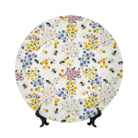 Kdxio Wildflower Honeybee Bone China Decorative Plate Ceramic Decorative Plate for Home Office Wall Stand Decorative Plates for Home Bedroom-7in