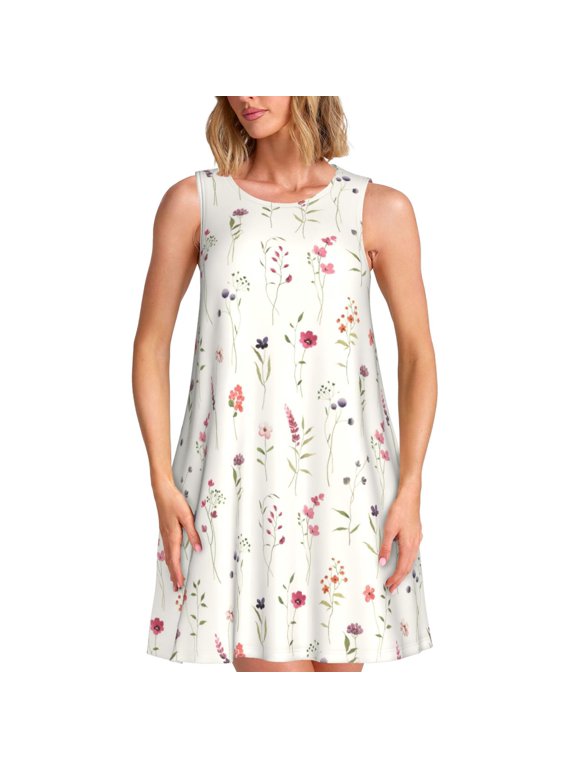 Wildflower Watercolor Pattern Summer Dresses for Women Beac Sleeveless Vintage Floral Flowy Pocket Tshirt Tank Sundresses