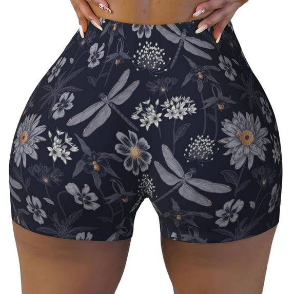 Kdxio Wildflowers And Dragonflies Print Workout Shorts for Women Seamless Soft Smooth Gym Yoga Scrunch Active Shorts