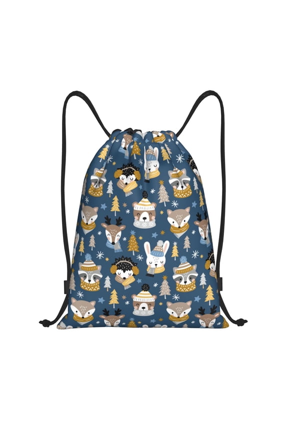 Winter Animal Friends Print Drawstring Backpack Bag,Waterproof Draw String Back Sack, Gym Drawstring Bags Swim Bag For Unisex