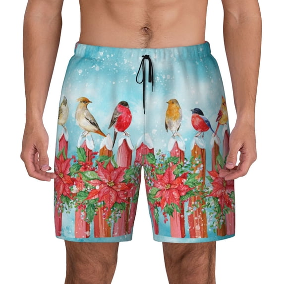 Kdxio Winter Birds On The Fence Print Men'S Swim Trunks With Compression Liner 7 Inch Inseam Quick Dry Swim Shorts