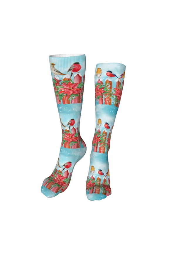 Winter Birds on the Fence Funny Silky Novelty Funky Long Knee High Socks Soft 3D Print Cosplay Crazy Stockings for Men Women