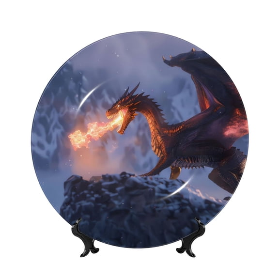 Kdxio Winter Fire Dragon Bone China Decorative Plate Ceramic Decorative Plate for Home Office Wall Stand Decorative Plates for Home Bedroom-7in