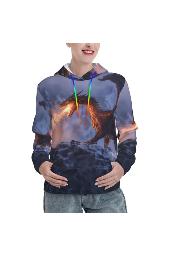 Winter Fire Dragon Print Womens Oversized Hoodies Sweatshirts Hooded Pullover Tops Sweaters Casual-Small