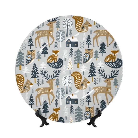 Kdxio Winter Forest Animals Bone China Decorative Plate Ceramic Decorative Plate for Home Office Wall Stand Decorative Plates for Home Bedroom-10in