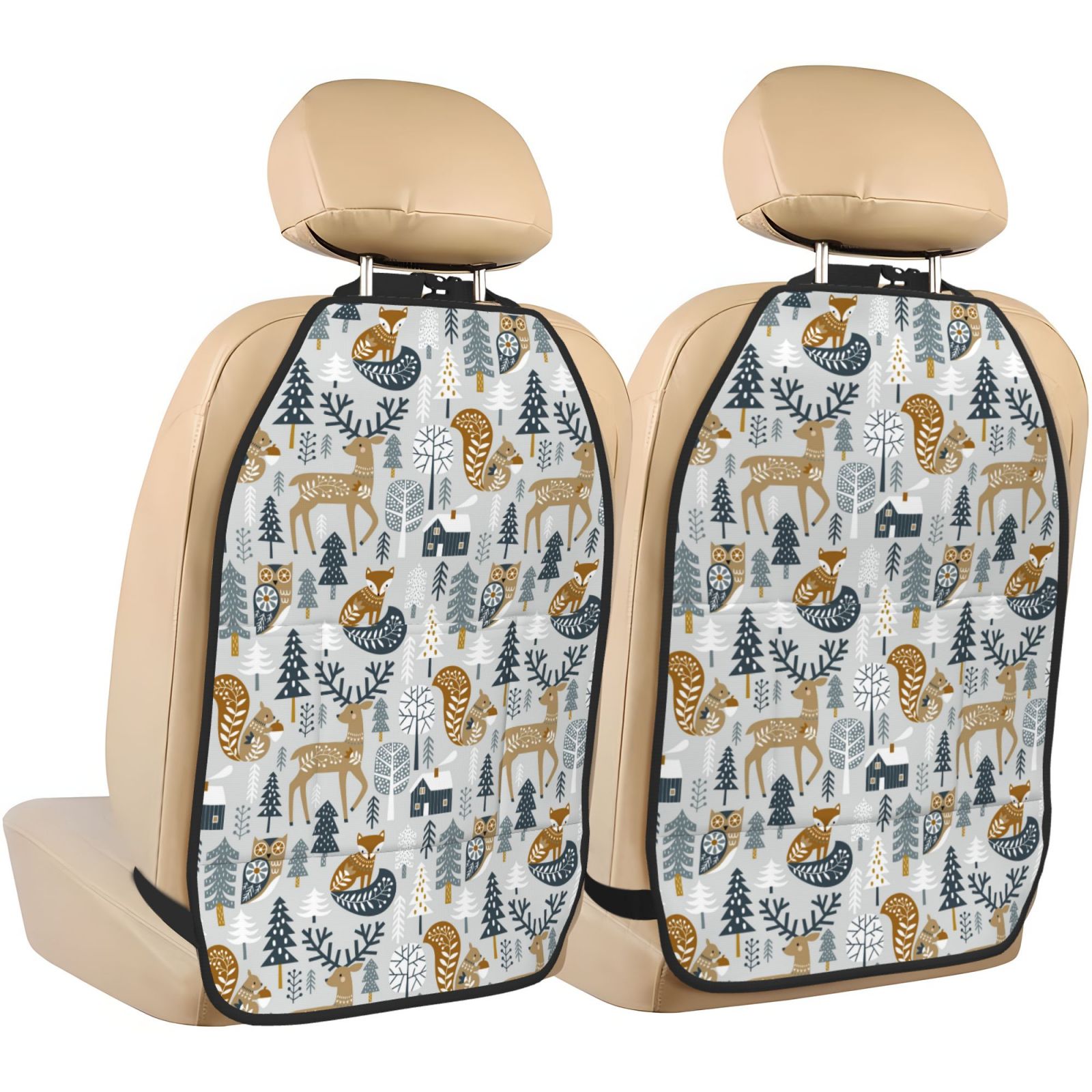 Kdxio Winter Forest Animals Print 2 Pack Car Kick Mat Seat Cover Back Protector Mat with Pockets for Organizer Backseat Protector and Storage Anti Kick Pad for Vehicles