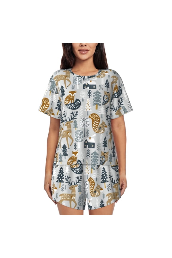 Winter Forest Animals Print Pajamas Sets for Women Short-Sleeved Pjs with Lounge Shorts Two Piece Sleepwear S-4XL