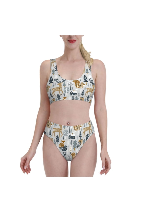 Winter Forest Animals for Womens High Waisted Bikini Top Sports Style Two Piece Bathing Suits