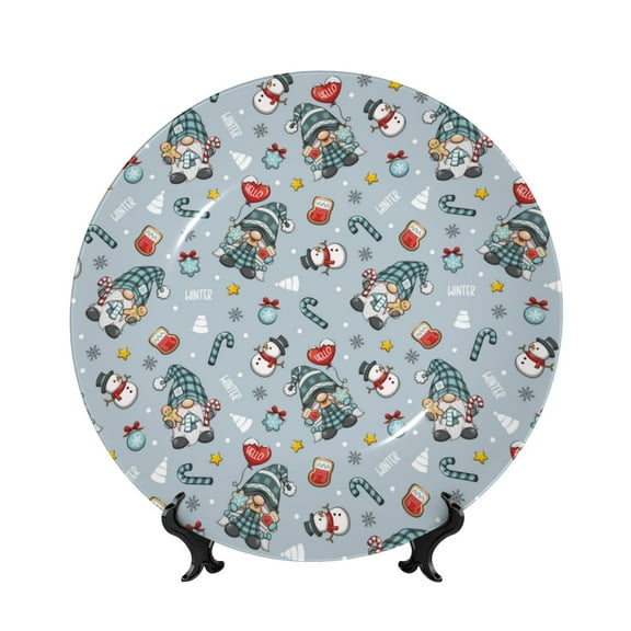 Kdxio Winter Gnome And Snowman Bone China Decorative Plate Ceramic Decorative Plate for Home Office Wall Stand Decorative Plates for Home Bedroom-8in