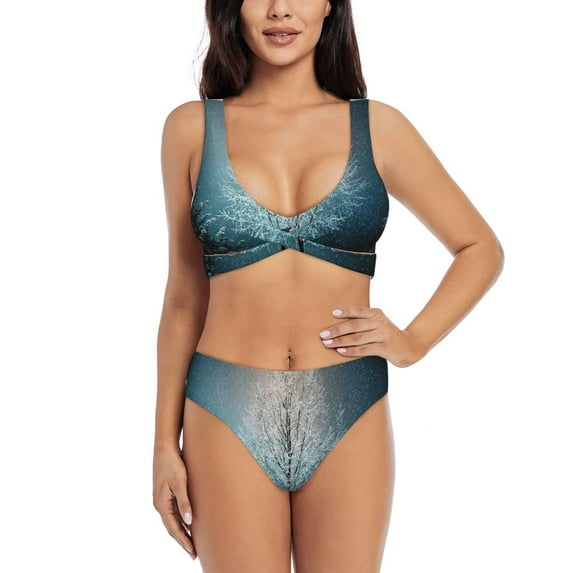 Kdxio Winter Rabbit Print Women's 2 Piece High Waisted Wrap Spaghetti Strap Summer Swimsuit Bikini Set-Medium