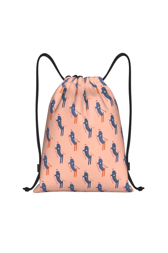 Winter Skiing Adventure Print Drawstring Backpack Bag,Waterproof Draw String Back Sack, Gym Drawstring Bags Swim Bag For Unisex