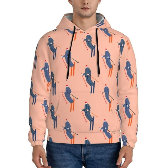 Kdxio Winter Skiing Adventure Print Mens Casual Hooded Collar Drawstring Hoodies Pullover Sweatshirts Casual Long Sleeve Shirts-XX-Large