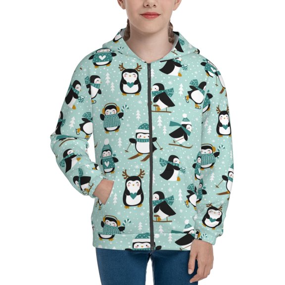 Kdxio Winter Skiing Penguin Pattern Kids Boys Girls Zip Up Hoodie 3D Printed Hooded Sweatshirt Hoody Coat with Pocket 7-12 Y-Medium