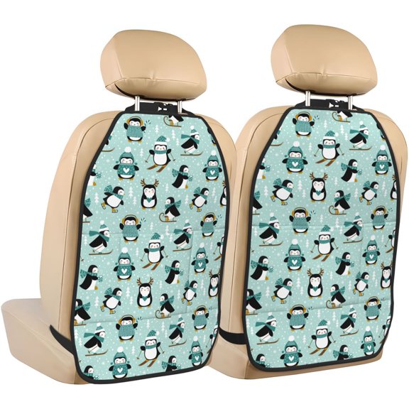 Kdxio Winter Skiing Penguin Print 2 Pack Car Kick Mat Seat Cover Back Protector Mat with Pockets for Organizer Backseat Protector and Storage Anti Kick Pad for Vehicles