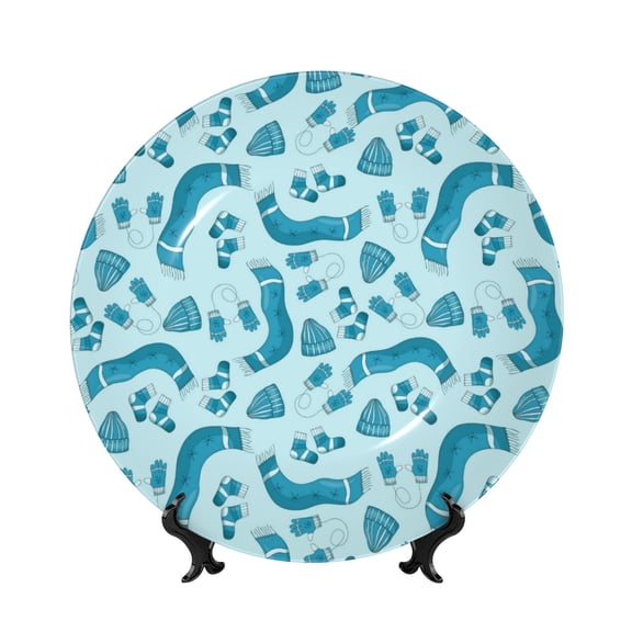 Kdxio Winter Warmth Blue Knitted Bone China Decorative Plate Ceramic Decorative Plate for Home Office Wall Stand Decorative Plates for Home Bedroom-8in