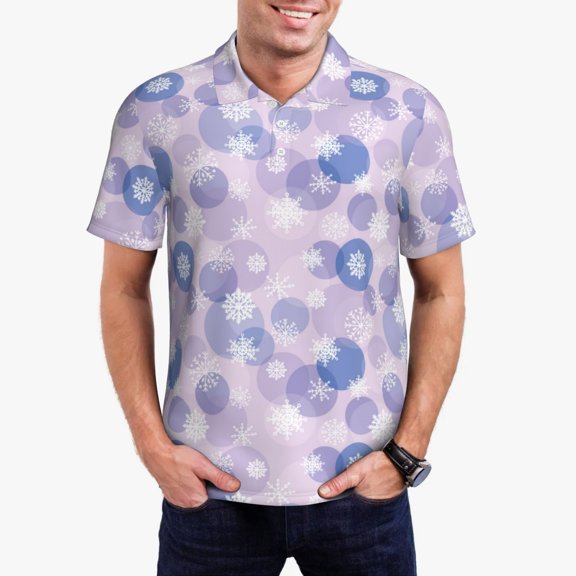 Kdxio Winter With Snowflakes Print Men's Short Sleeve Polo Shirt,Midweight Men's Shirt-Small