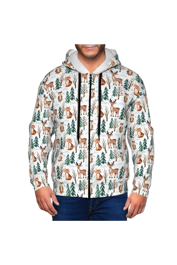 Winter Woodland Friends Print Men Hoodies Casual Hoodies for Men with Zip Pockets Full Zip Long Sleeve Sweatshirt Sports Hooded Jacket-Small