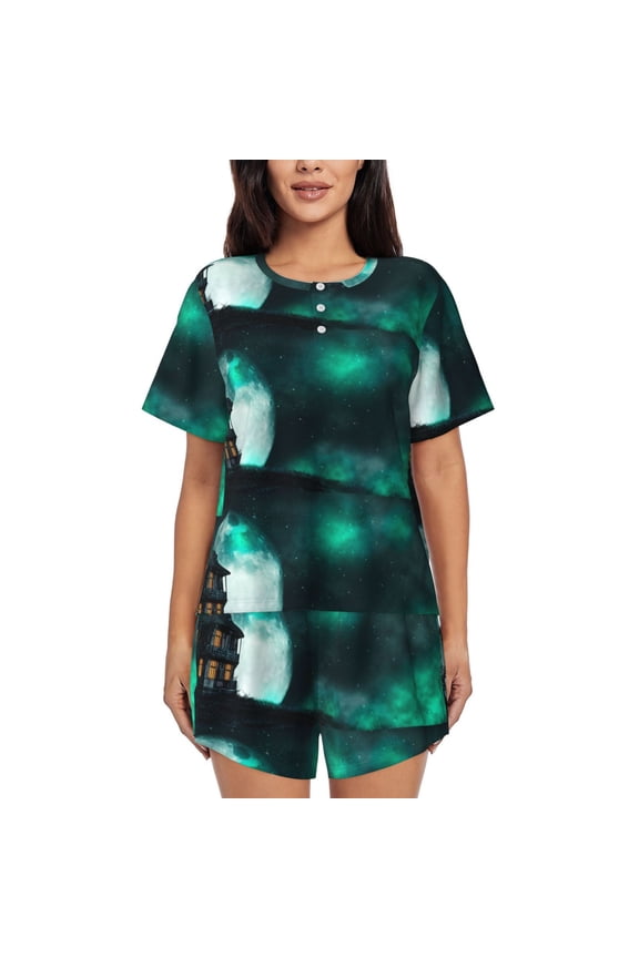 Witch House On The Hill Print Pajamas Sets for Women Short-Sleeved Pjs with Lounge Shorts Two Piece Sleepwear S-4XL