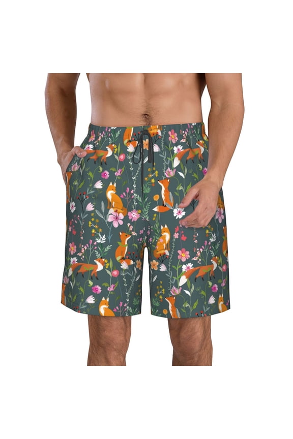 Wolf Fox In Flower Forest Pattern Mens Casual Shorts - Drawstring Summer Beach Sports Shorts for Men