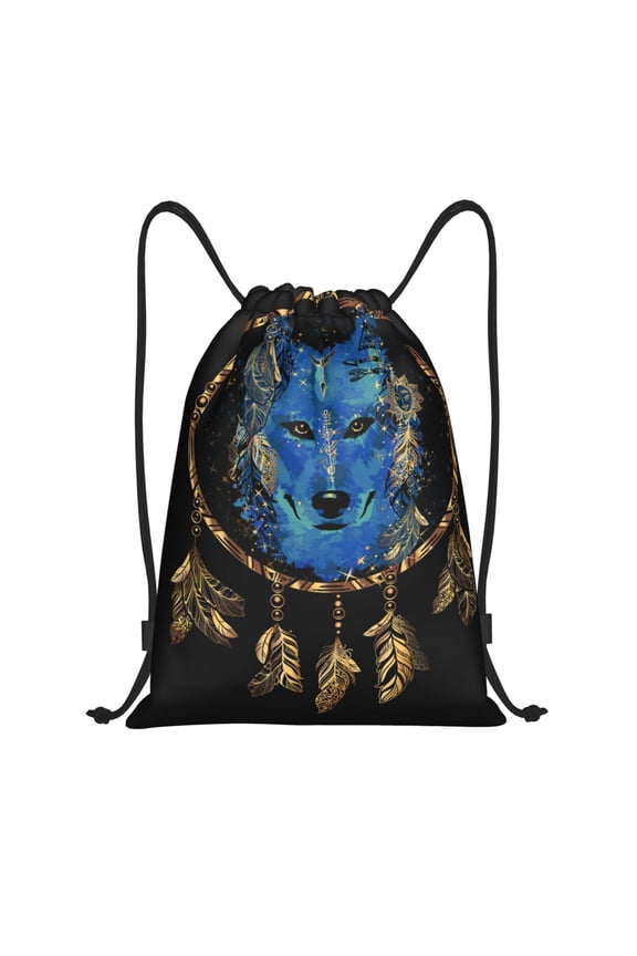 Wolf Head And Dreamcatcher Print Drawstring Backpack Bag,Waterproof Draw String Back Sack, Gym Drawstring Bags Swim Bag For Unisex